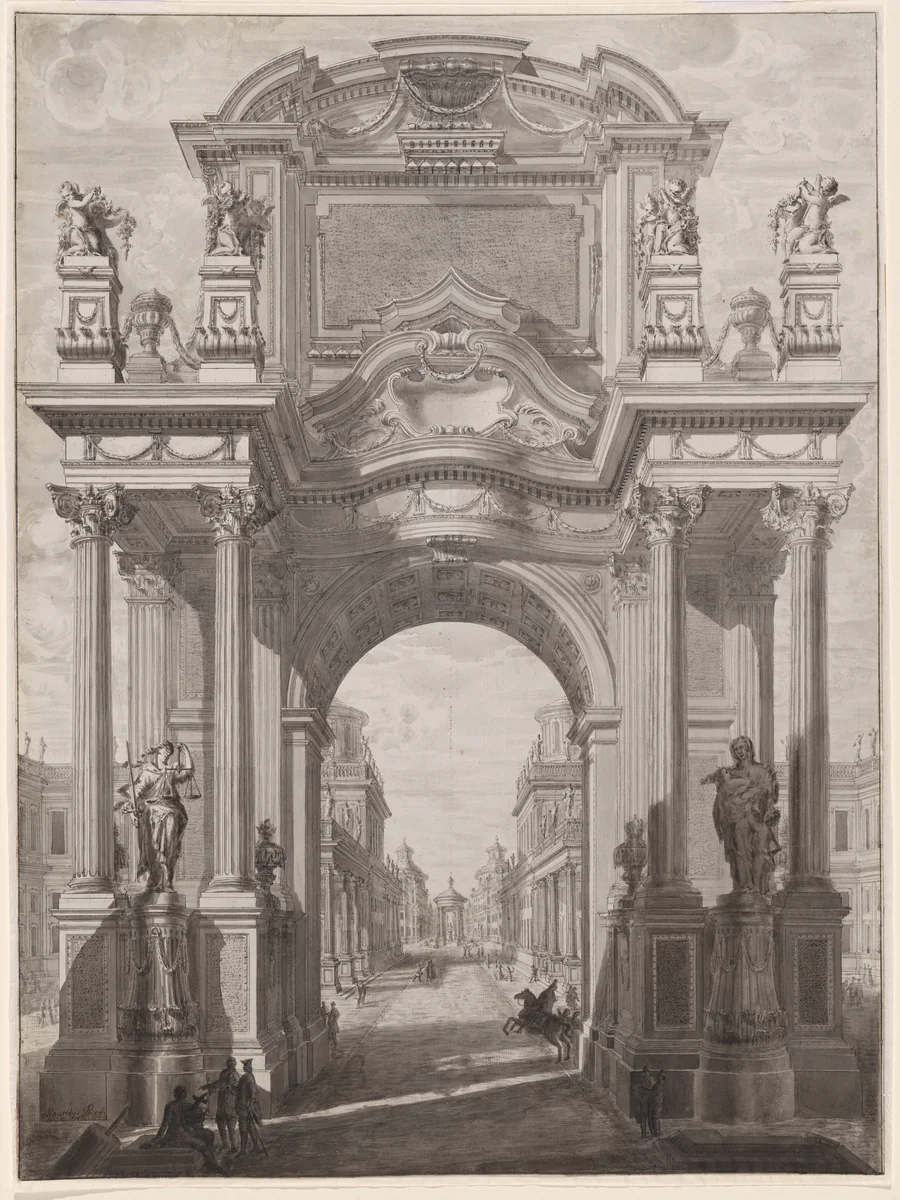 An Architectural Capriccio with a Triumphal Arch by Maurizio Pedetti, drawing, 1784