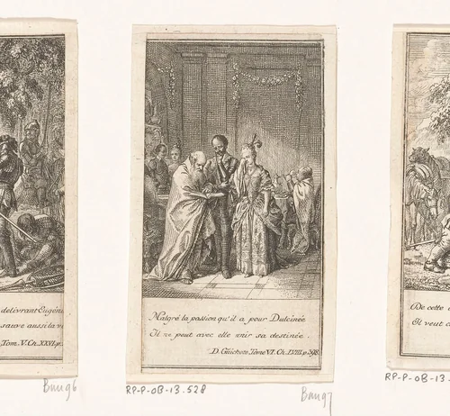 Don Quichot naast een huilende vrouw by Daniel Nikolaus Chodowiecki, print, 1770