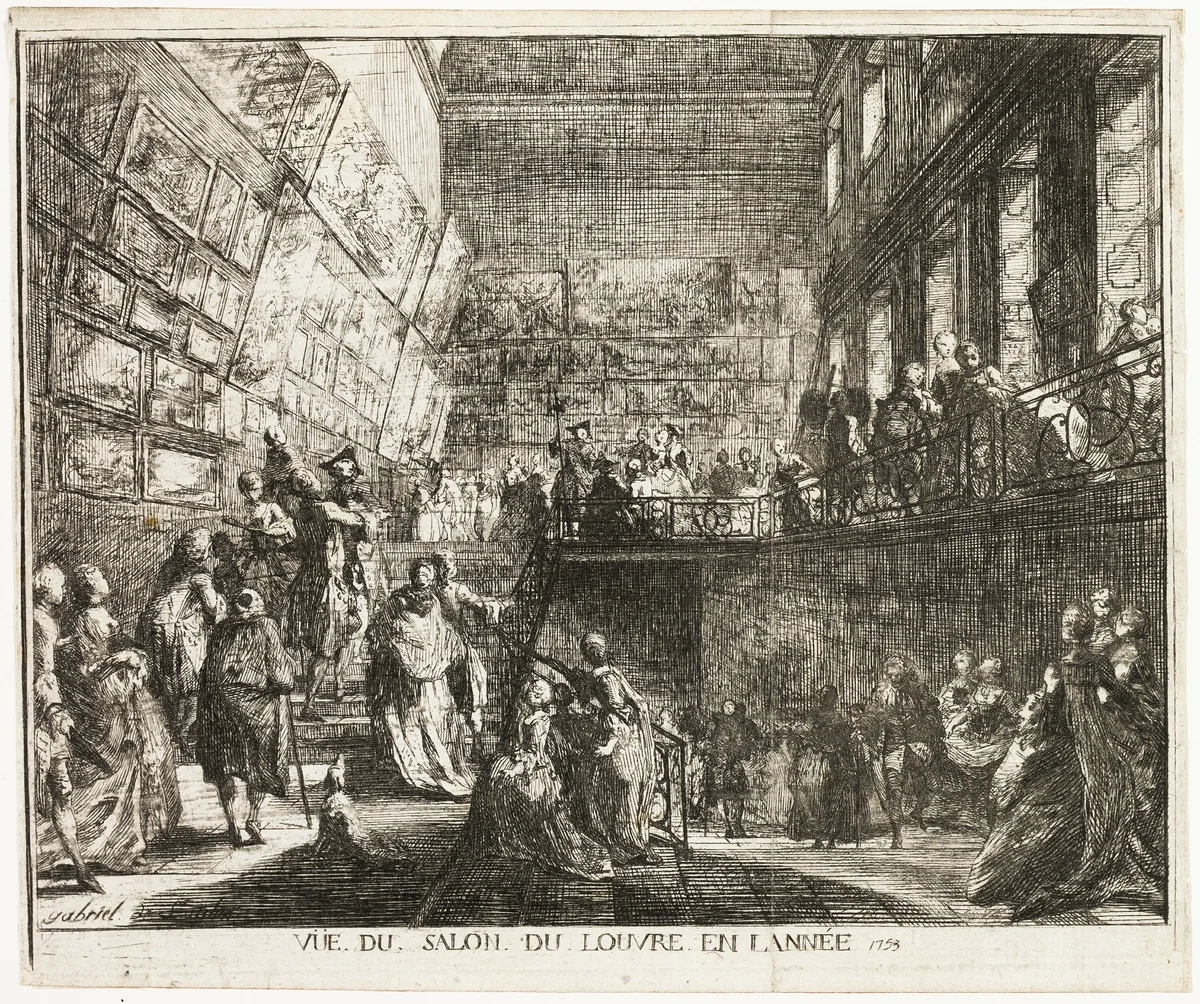 View of the Salon in the Louvre in the Year 1753 by Gabriel Jacques de Saint-Aubin, print, 1753