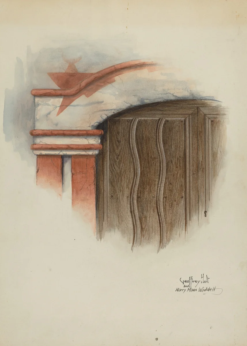 Restoration Drawing: Detail of Arch, Main Doorway, and Door, Mission-House by Harry Mann Waddell, index of american design, 1937