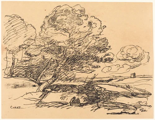The Lonely Tower (La Tour isolee) by Jean-Baptiste-Camille Corot, print, 1871