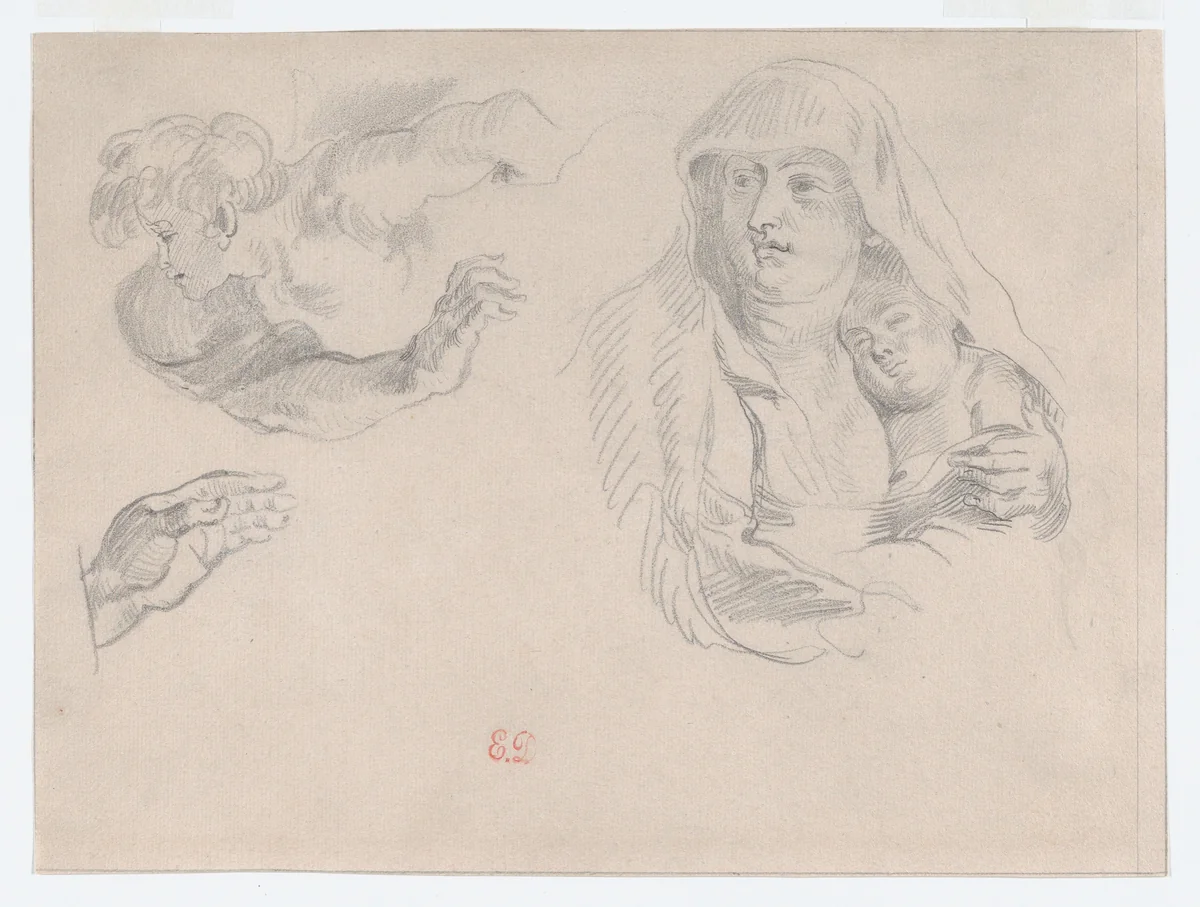 Studies after Rubens’s “The Flight into Egypt” by Eugène Delacroix, drawing, 1825-1835