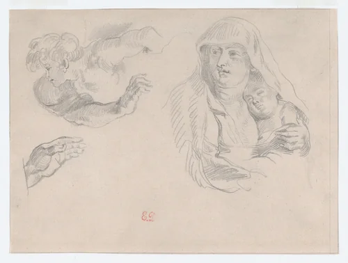 Studies after Rubens’s “The Flight into Egypt” by Eugène Delacroix, drawing, 1825-1835