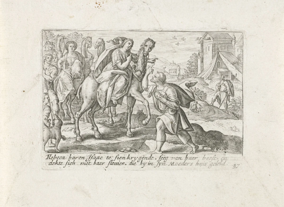 De ontmoeting van Isaak en Rebekka by Crispijn van de Passe, print, 1700-1750