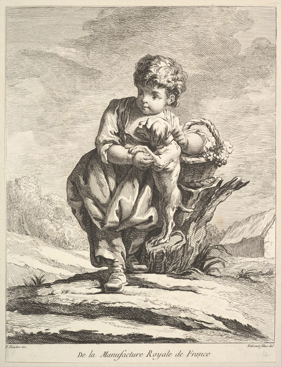 Child with a dog, holding a basket of grapes, from Premier Livre de Figures d'après les porcelaines de la Manufacture Royale de France, inventées en 1757, par Mr. Boucher (First Book of Figures after porcelains from the Manufacture Royale de France, devised in 1757, by Mr. Boucher) by Pierre Etienne Falconet, print, 1757