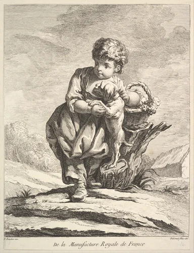 Child with a dog, holding a basket of grapes, from Premier Livre de Figures d'après les porcelaines de la Manufacture Royale de France, inventées en 1757, par Mr. Boucher (First Book of Figures after porcelains from the Manufacture Royale de France, devised in 1757, by Mr. Boucher) by Pierre Etienne Falconet, print, 1757