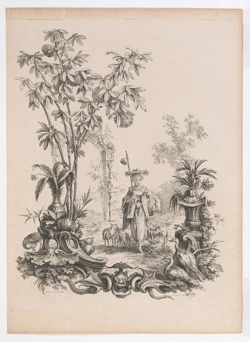 Jeune Chinoise marchant, entourée de ses moutons by François Antoine Aveline, print, 1735-1745