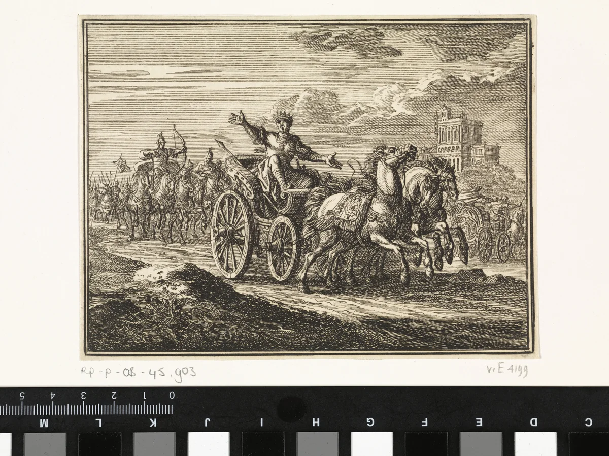 Joram op zijn wagen wordt door Jehu doorschoten by Jan Luyken, print, 1712