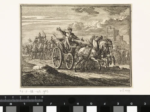 Joram op zijn wagen wordt door Jehu doorschoten by Jan Luyken, print, 1712