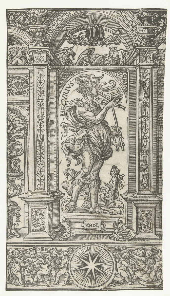 Mercurius met sterrenbeelden Maagd en Tweelingen in een architecturale omlijsting by Unknown, print, 1483-1581