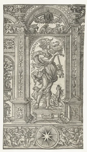 Mercurius met sterrenbeelden Maagd en Tweelingen in een architecturale omlijsting by Unknown, print, 1483-1581