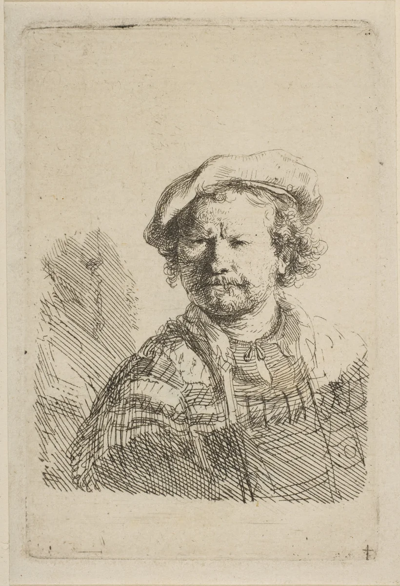 Self-Portrait in a Flat Cap and Embroidered Dress by Rembrandt van Rijn, print, 1637-1647