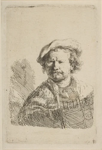 Self-Portrait in a Flat Cap and Embroidered Dress by Rembrandt van Rijn, print, 1637-1647