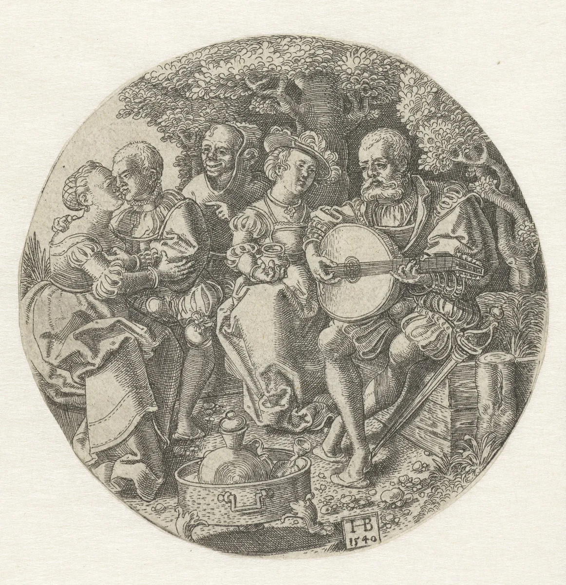 Luitspeler en verliefd paar met een nar by Unknown, print, 1540