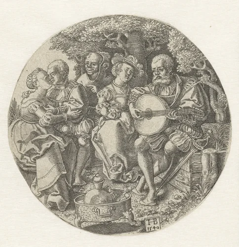 Luitspeler en verliefd paar met een nar by Unknown, print, 1540