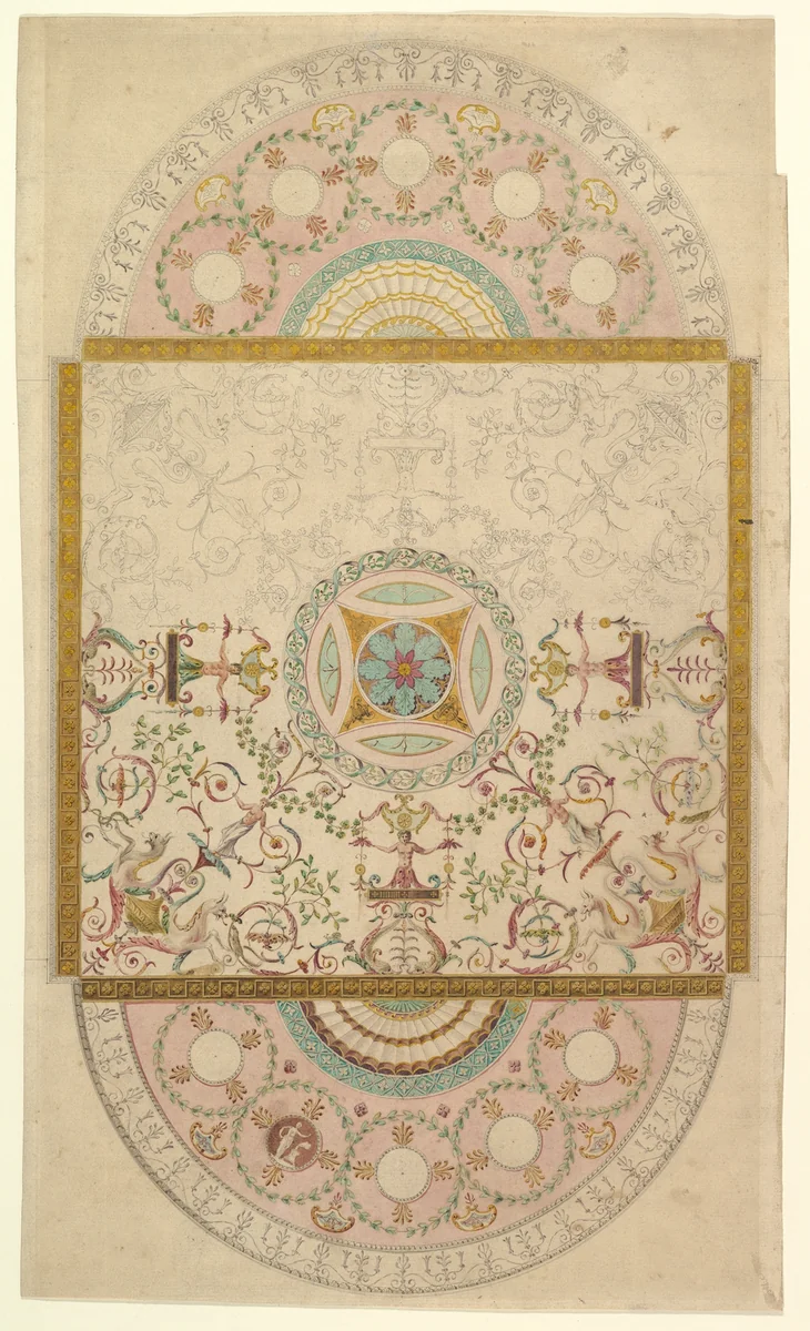 Design for a Ceiling with Square Central Compartment and Semicircular Ends, the Ornament of Foliage and Grotesque Motifs by anonymous, drawing, 1780-1800