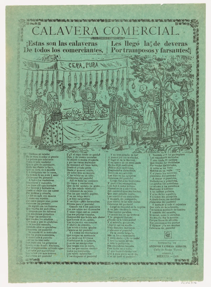 Broadsheet relating to commerical/business skeletons (Calavera Comercial) and charlatanism, many skeletons gather around a candle vendor by J. Cortés, print, 1908
