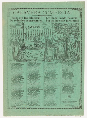 Broadsheet relating to commerical/business skeletons (Calavera Comercial) and charlatanism, many skeletons gather around a candle vendor by J. Cortés, print, 1908