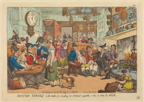 Doctor Syntax, in the Middle of a Smoking HotPolitical Squabble, wishes to Wet his W histle by Thomas Rowlandson, print, 1813