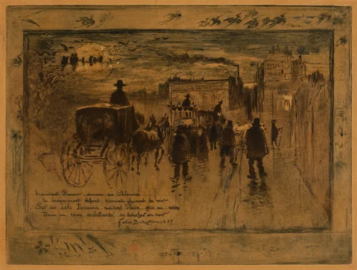 Convoi Funèbre au Boulevard de Clichy (Funeral Procession on the Boulevard de Clichy) by Félix-Hilaire Buhot, print, 1887-1897
