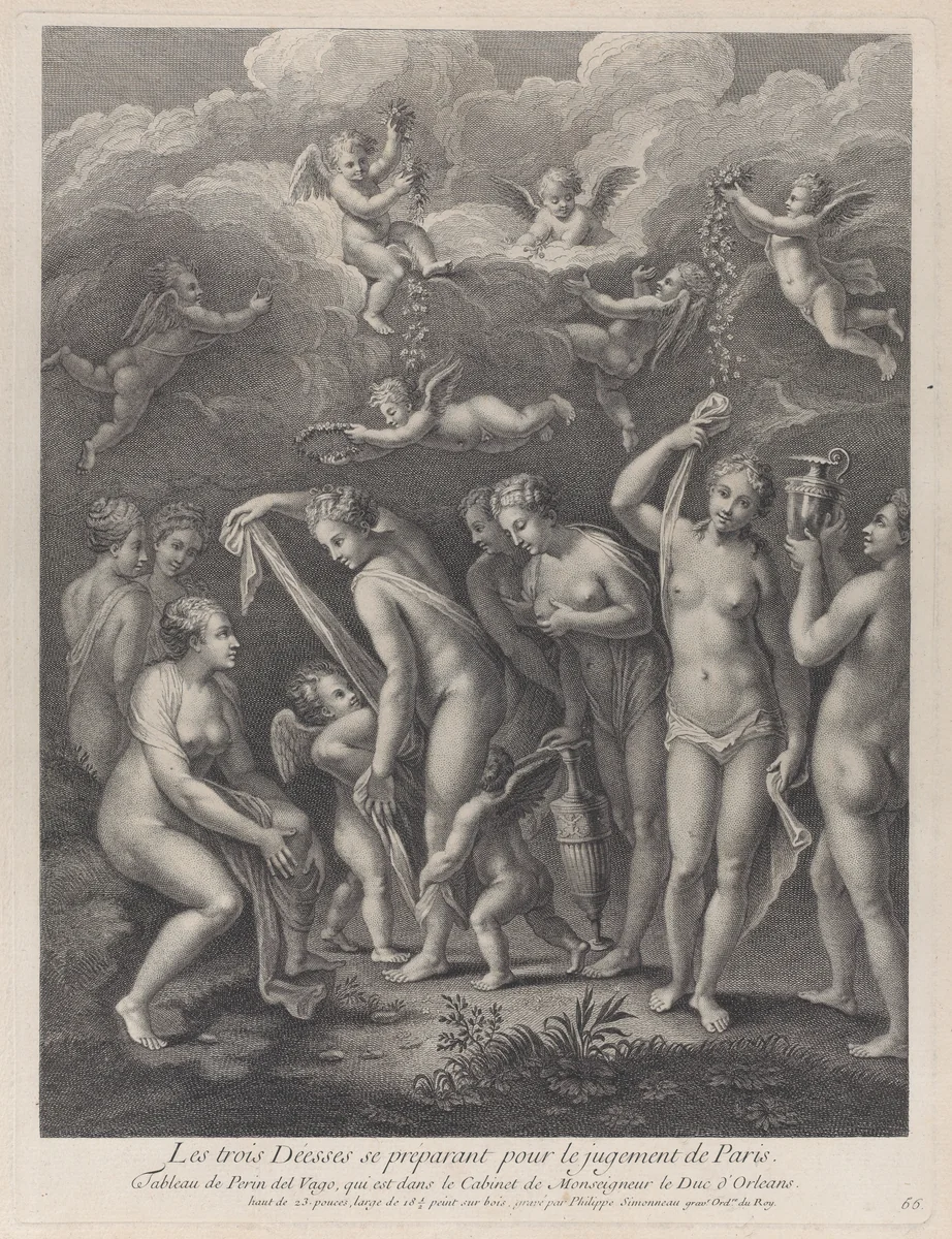 Hera, Aphrodite, and Athena preparing themselves for the contest of beauty before Paris; from 'Recueil d'estampes d'après les plus beaux tableaux et d'après les plus beaux desseins qui sont en France, Cabinet Crozat' after Perino del Vaga by Philippe Simonneau, print, 1724-1745