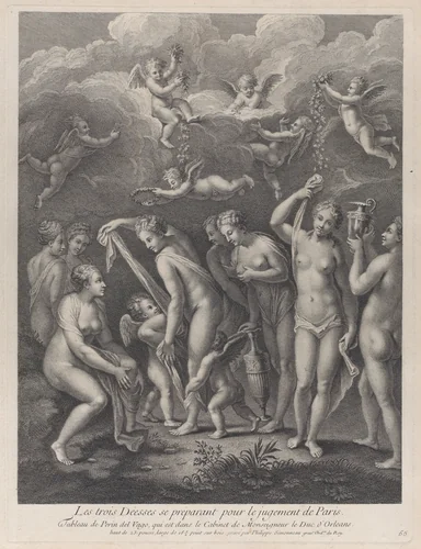Hera, Aphrodite, and Athena preparing themselves for the contest of beauty before Paris; from 'Recueil d'estampes d'après les plus beaux tableaux et d'après les plus beaux desseins qui sont en France, Cabinet Crozat' after Perino del Vaga by Philippe Simonneau, print, 1724-1745
