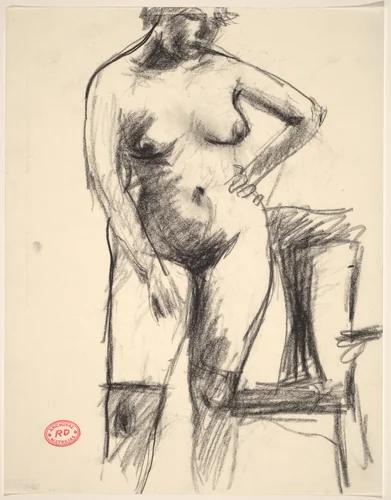 Untitled [nude in black stockings standing before an armchair] by Richard Diebenkorn, drawing, 1955-1967