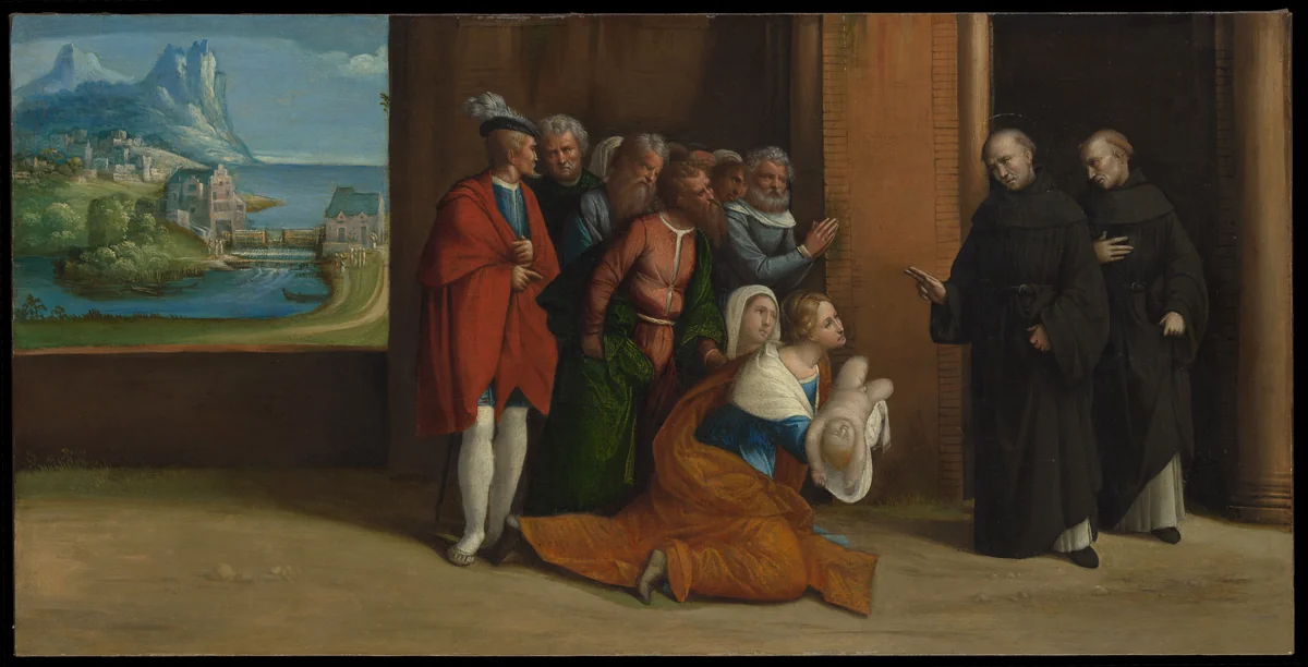 Saint Nicholas of Tolentino Reviving a Child by Benvenuto Tisi, painting, 1525-1535