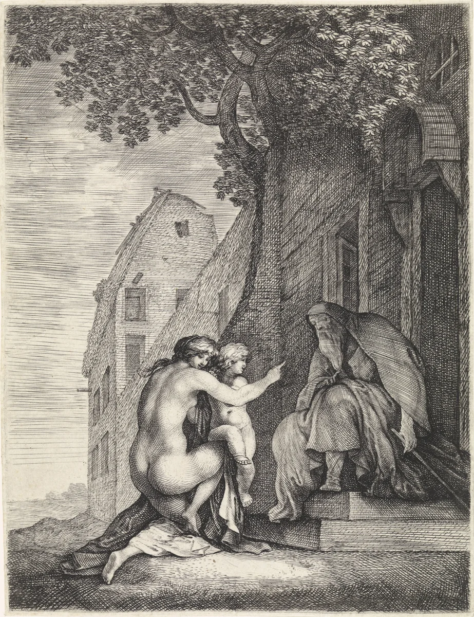 Naakte vrouw en kind bij een oude man by Moyses van Wtenbrouck, print, 1600-1647