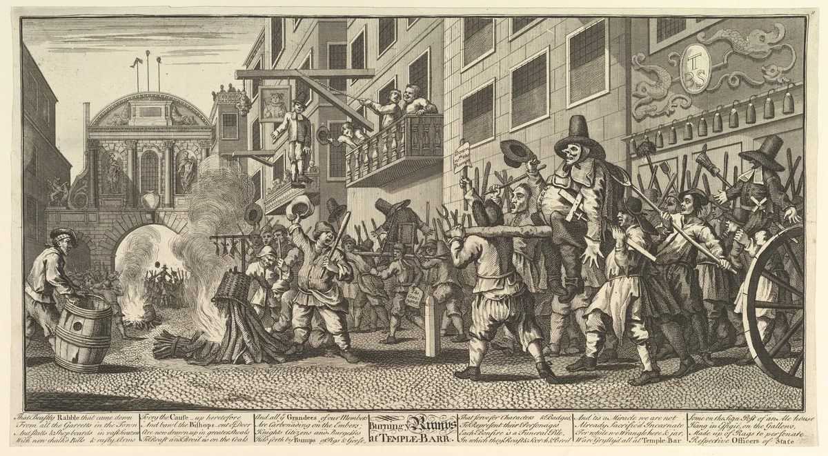 Burning the Rumps at Temple Bar (Twelve Large Illustrations for Samuel Butler's Hudibras, Plate 11) by William Hogarth, print, 1725-1768