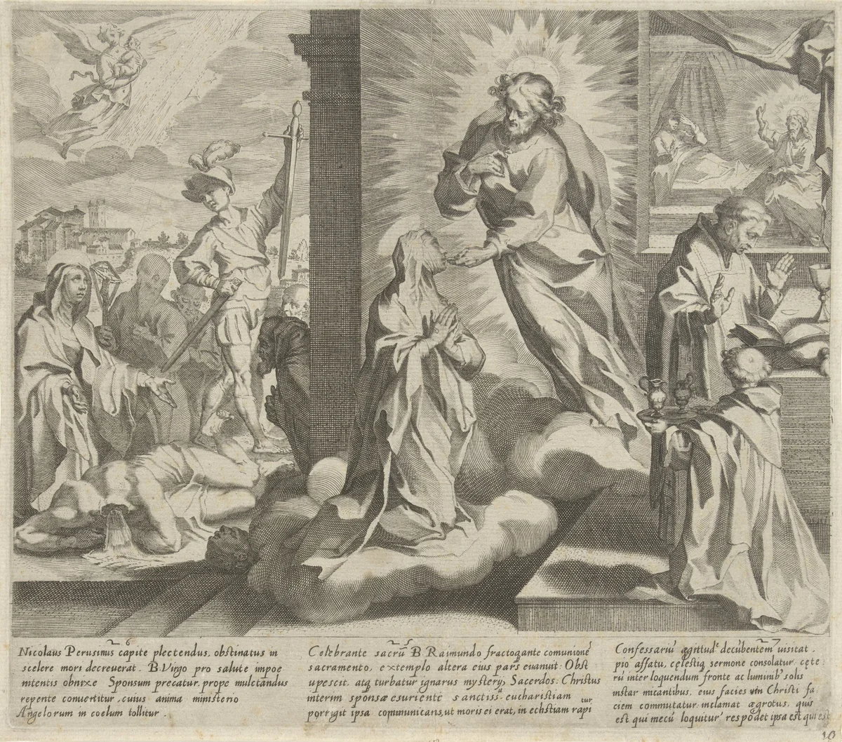 Catharina toont haar wonden / Catharina ontvangt de communie van Christus / Raimundus van Capua bezoekt Catharina thuis en treft Christus aan by Pieter de Jode, print, 1597
