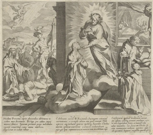 Catharina toont haar wonden / Catharina ontvangt de communie van Christus / Raimundus van Capua bezoekt Catharina thuis en treft Christus aan by Pieter de Jode, print, 1597