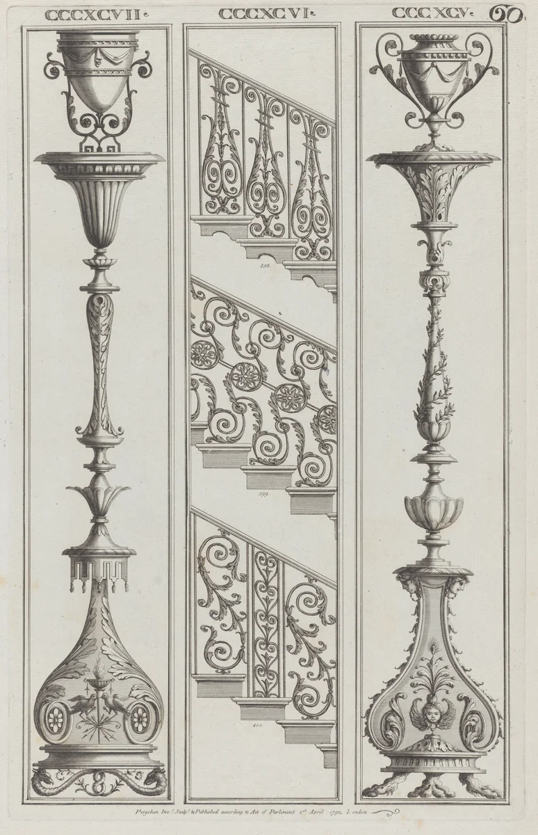 Candelabra Designs and Stair Railing Designs, nos. CCCXCV–CCCXCVII and 398–400, plate 60 from "Designs for Various Ornaments" by Michelangelo Pergolesi, print, 1792
