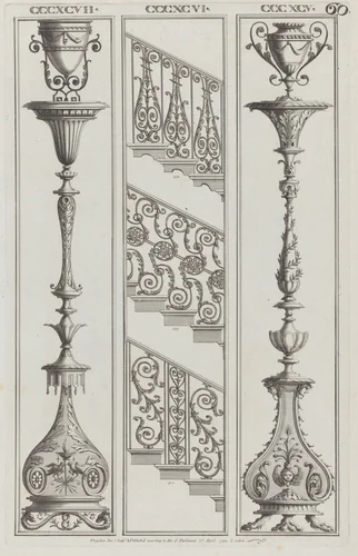 Candelabra Designs and Stair Railing Designs, nos. CCCXCV–CCCXCVII and 398–400, plate 60 from "Designs for Various Ornaments" by Michelangelo Pergolesi, print, 1792
