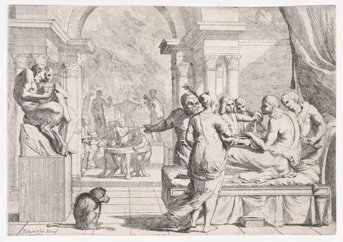The Prodigal Son Seated on a Couch Being Served Wine, Revelers in the Background, a Monkey Wearing a Collar and Chain in the lower left by Pietro Testa, print, 1600-1650