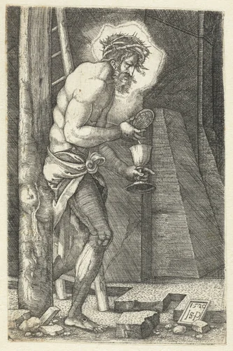 Christus als man van smarten staande aan de voet van het kruis by Unknown, print, 1520