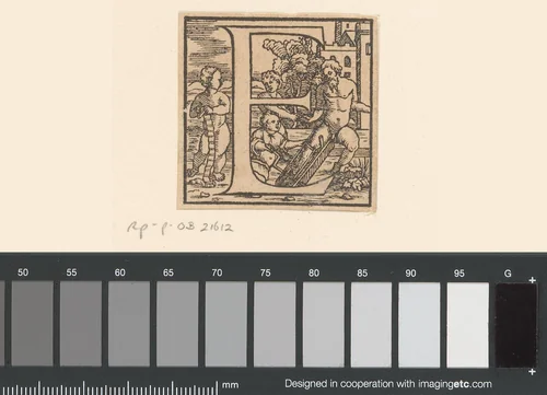 Letter E: kinderen spalken het been van een man by anonymous, print, 1543