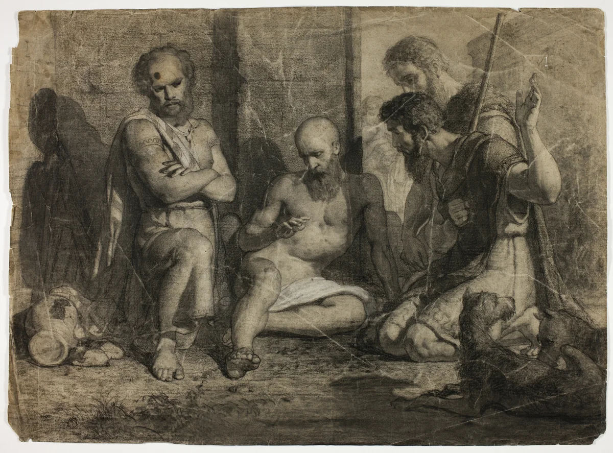 Diogenes Asking Alexander the Great to Step Aside (recto); Striding Academic Male Nude (verso) by Unknown Artist, drawing, 1800-1899