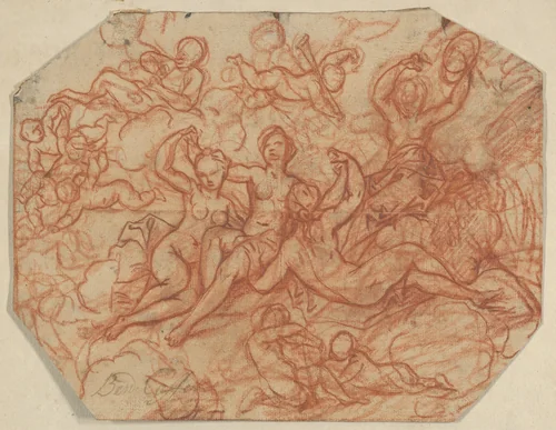 Four (?) Nude Women in the Clouds Surrounded by Putti by Benoît Le Coffre, drawing, 1691-1722