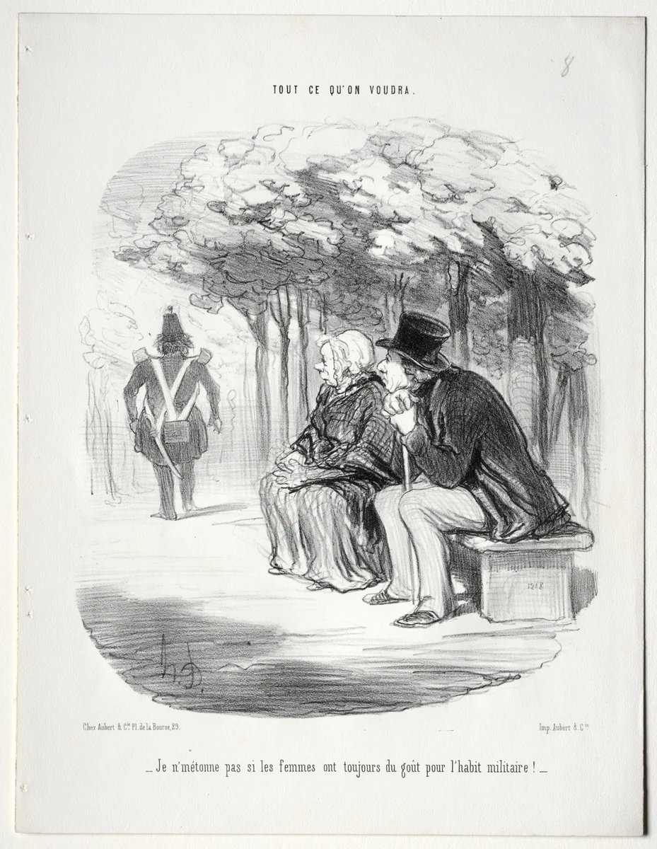 I am not surprised women are still fond of men in uniform. by Honoré Daumier, print, 1848