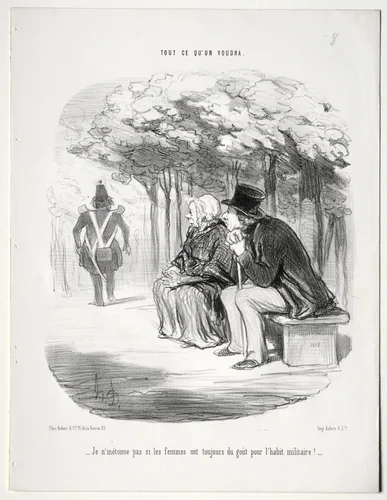 I am not surprised women are still fond of men in uniform. by Honoré Daumier, print, 1848
