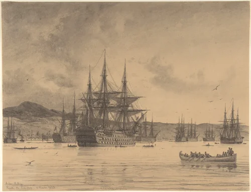 The English Fleet Anchored at the Town of Beykoz, North of Istanbul by Anton Melbye, drawing, 1853