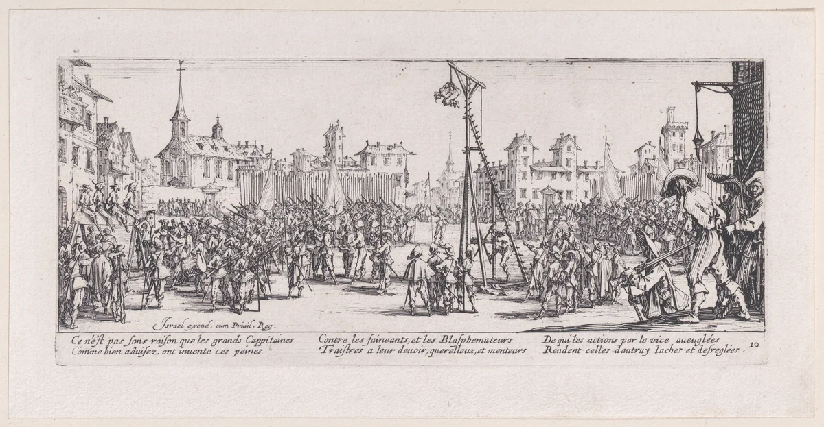 L'Estrapade (The Strappado), plate 10 from "Les Misères et les Mal-Heures de la Guerre" (The Miseries and Misfortunes of War) by Jacques Callot, print, 1633