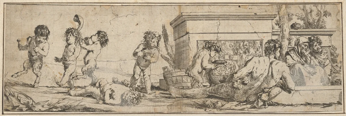 Bacchanal with infant satyrs and putti at left, a naked male figure reclines in front of a pedestal carved in bas-relief, two clothed figures look toward the right by Giulio Carpioni, print, 1633-1678