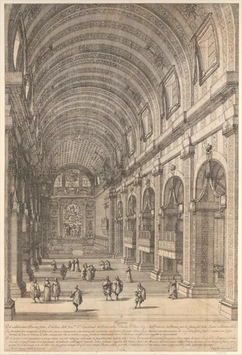 Decoration ordered by Cardinal de Retz in the Church of San Luigi, Rome, for the Saint's Feast Day by Dominique Barrière, print, 1665