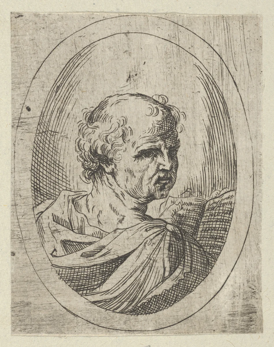 An apostle seen from behind and turning to the right, holding an open book, in an oval frame, from "Christ, the Virgin, and Thirteen Apostles" by anonymous, print, 1595-1645