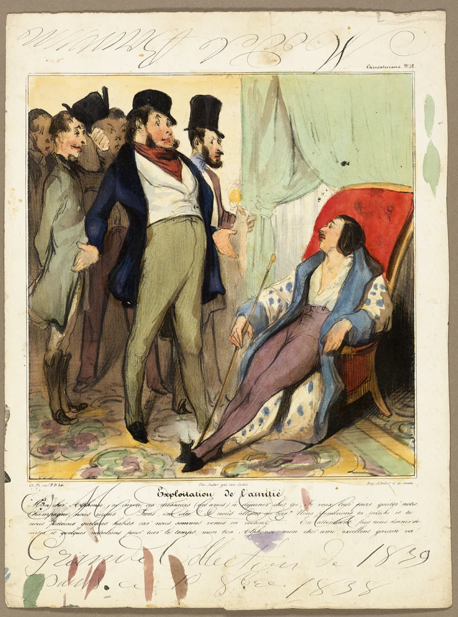 Exploiting friendship. “My dear Alphonse, I've invited these gentlemen, my friends, to dine at your home. I would like them to taste our champagne, we'll laugh... wait a minute! I've an idea. What if we went to the wood? We could take your barouche and you could lend us some clothes as we only came to pay a simple visite... In the meantime, why don't you give us some cards and some Napoleons to pass the time. Eh? My good Alphonse, dear chap. How about it?,” plate 58 from Caricaturana by Édouard Bouvenne, print, 1837