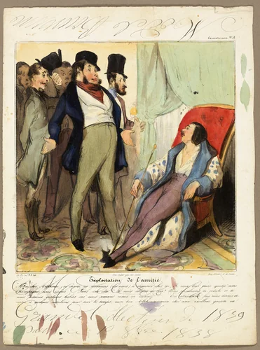 Exploiting friendship. “My dear Alphonse, I've invited these gentlemen, my friends, to dine at your home. I would like them to taste our champagne, we'll laugh... wait a minute! I've an idea. What if we went to the wood? We could take your barouche and you could lend us some clothes as we only came to pay a simple visite... In the meantime, why don't you give us some cards and some Napoleons to pass the time. Eh? My good Alphonse, dear chap. How about it?,” plate 58 from Caricaturana by Édouard Bouvenne, print, 1837