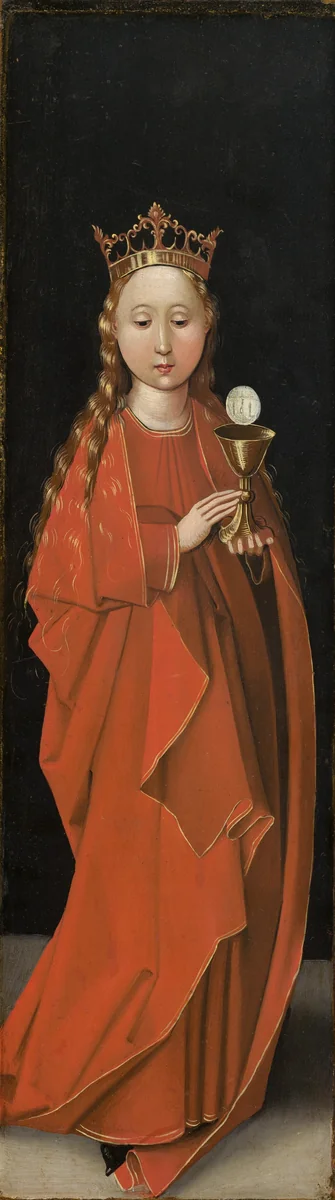 Saint Barbara [left wing exterior] by Master of the Starck Triptych, painting, 1480-1490