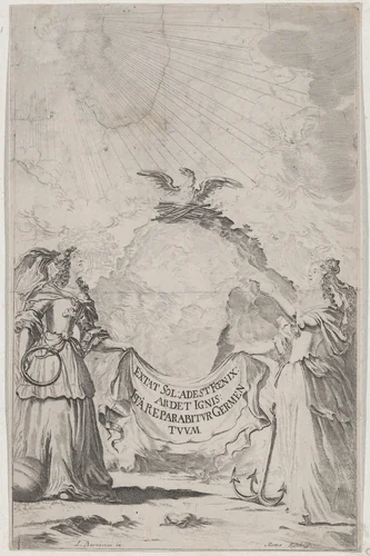Two women holding a banner at center as a phoenix rises above; set design from 'Il Fuoco Eterno' by Mathäus Küsel, print, 1674